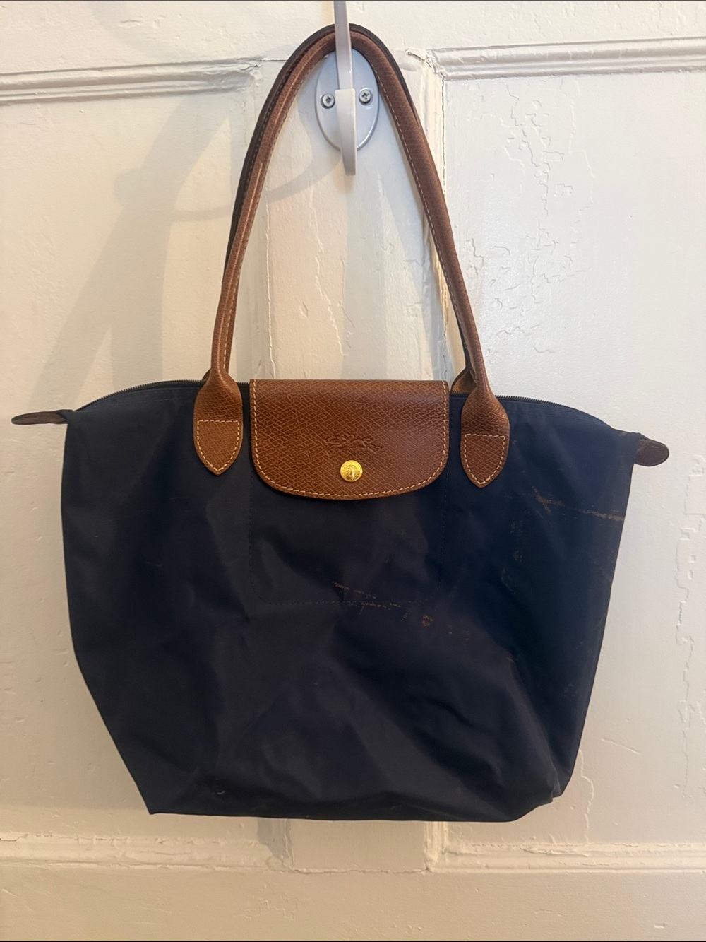 Longchamp small Le Pliage Navy Tote with Brown Leather Trim
